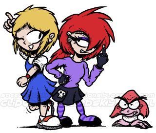 Giana and her "punk" form, from the 1987 C64 video game, The Great Giana Sisters, specifically the "modern" redesigns from Giana Sisters DS onwards; they are both standing next to one of those Goomba-owl enemies.