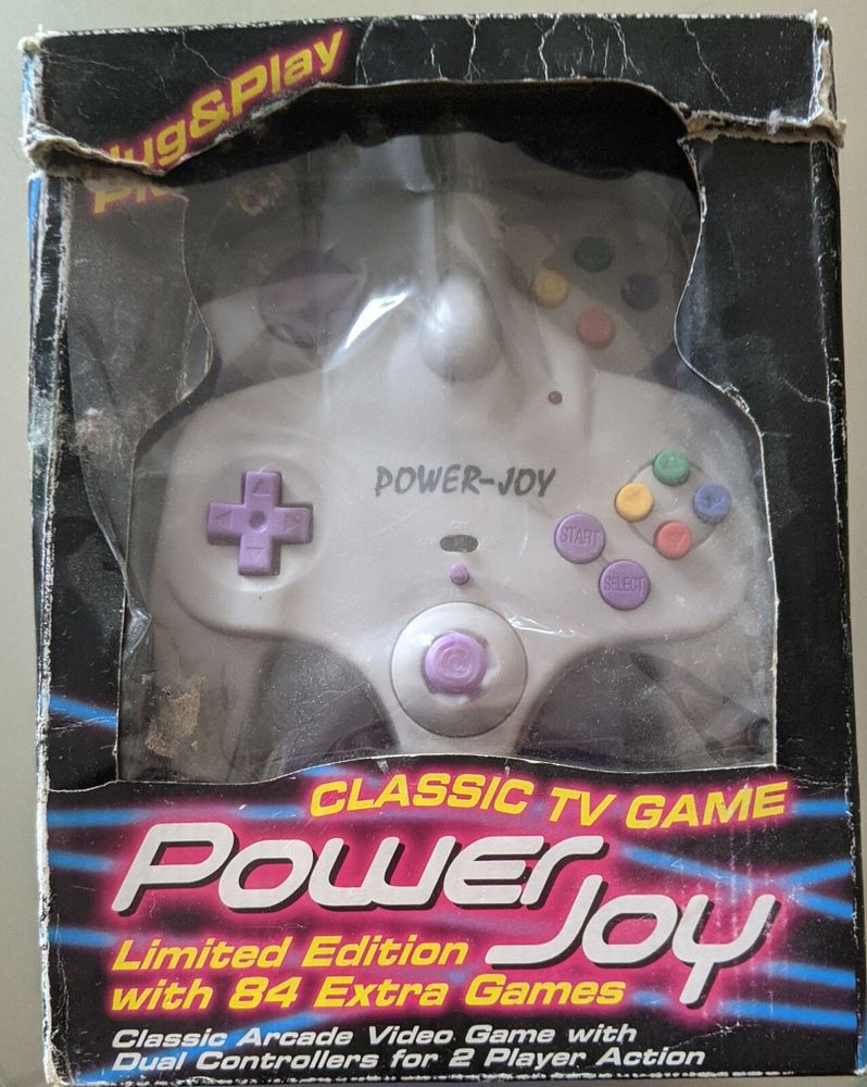 A photo of a slightly scuffed box for the Power Joy plug and play Famiclone. Taken from an eBay listing.
