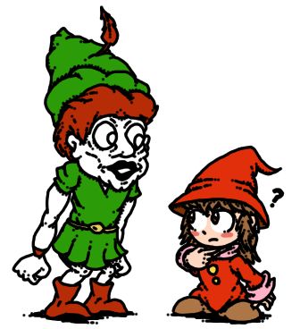 A drawing of Ptolemy, the protagonist from the 1985 Taito arcade game, The Fairyland Story (right) looking up, baffled at the not-Peter Pan horrid little man from the US marquee artwork.