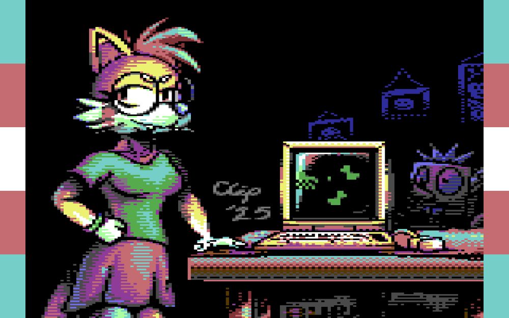 A drawing of Rachel Mae Riverglen resting one of her hands on a table, which also features an ancient computer of some description. The piece is done within the limitations of the Commodore 64's multicolor mode.
