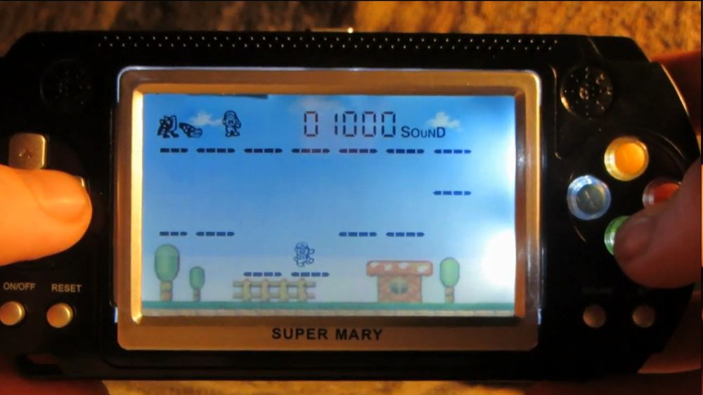 A screenshot of a video recording of the game "Super Mary" (a clone of the Game and Watch Mario game) being played off the PCP Station.
(sourced from https://www.youtube.com/watch?v=6rMHO-Z6pYo)