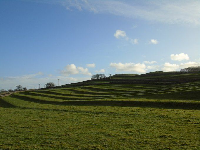 A lynchet below Elbolston Hill near Linton. They are a common feature of ancient and medieval field systems. The action of ploughing and collecting stones along the edge of the plot builds up ‘steps’ on the hillside
