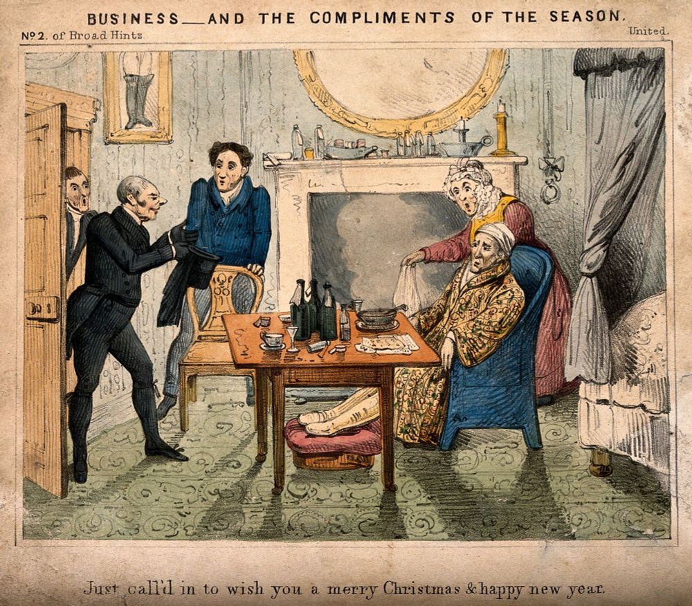 An 1830 lithograph showing an undertaker calling in to give Christmas and New Year wishes to a sick man. 