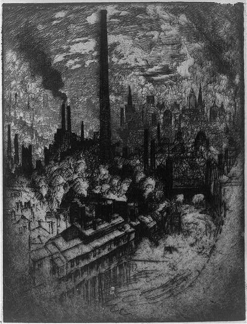 Print showing rooftops with chimneys Sheffield,  (1900-1910), Joseph Pennell, 1857-1926, artist.