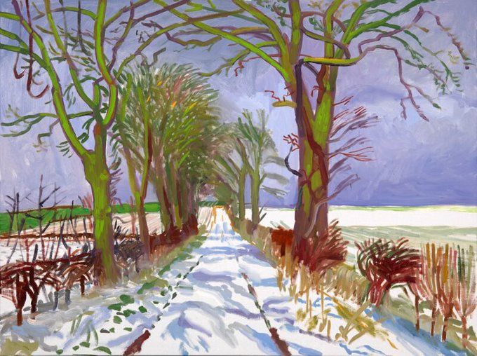Winter Tunnel With Snow. One of a series of paintings by David Hockney of the same subject at differing times and days of the year. The 'tunnel’, is a farm track near Kilham in the East Riding of Yorkshire.