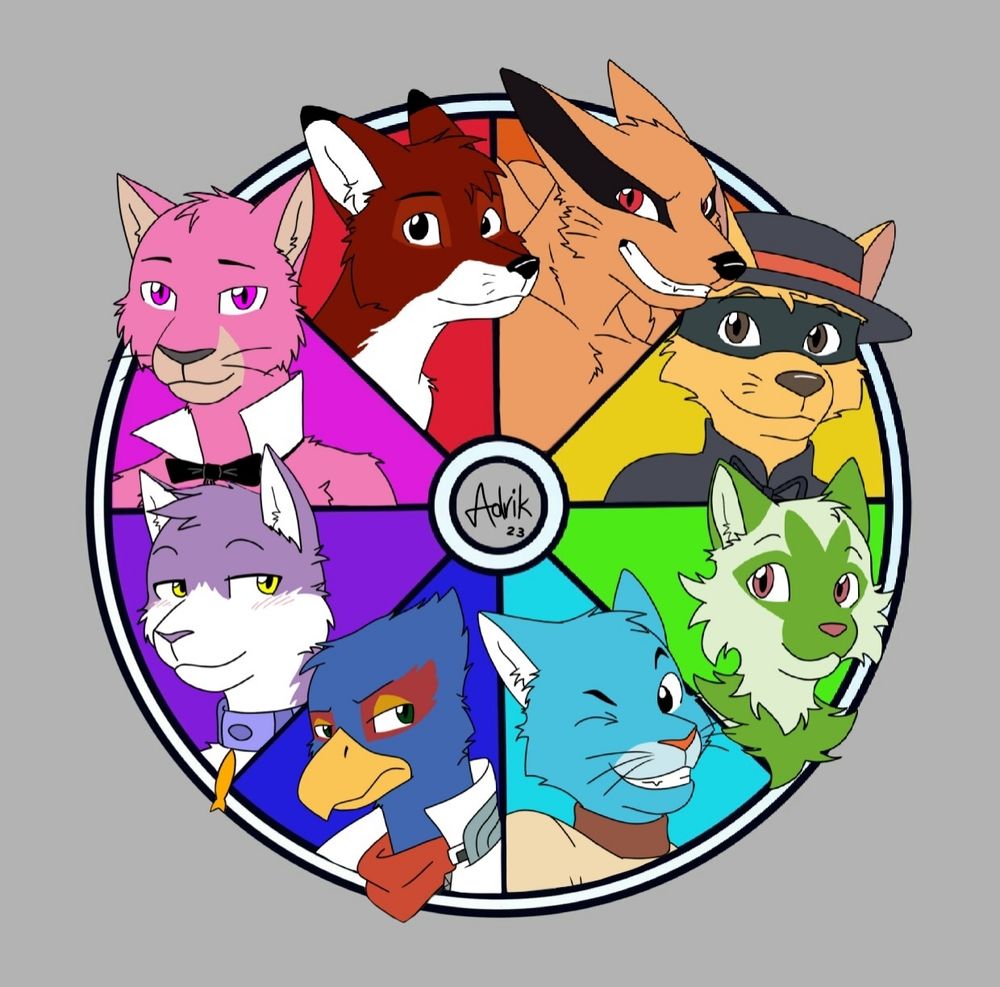 A color wheel organized by popular characters in the furry fandom.

Una rueda de colores organizada según personajes populares del furry fandom.