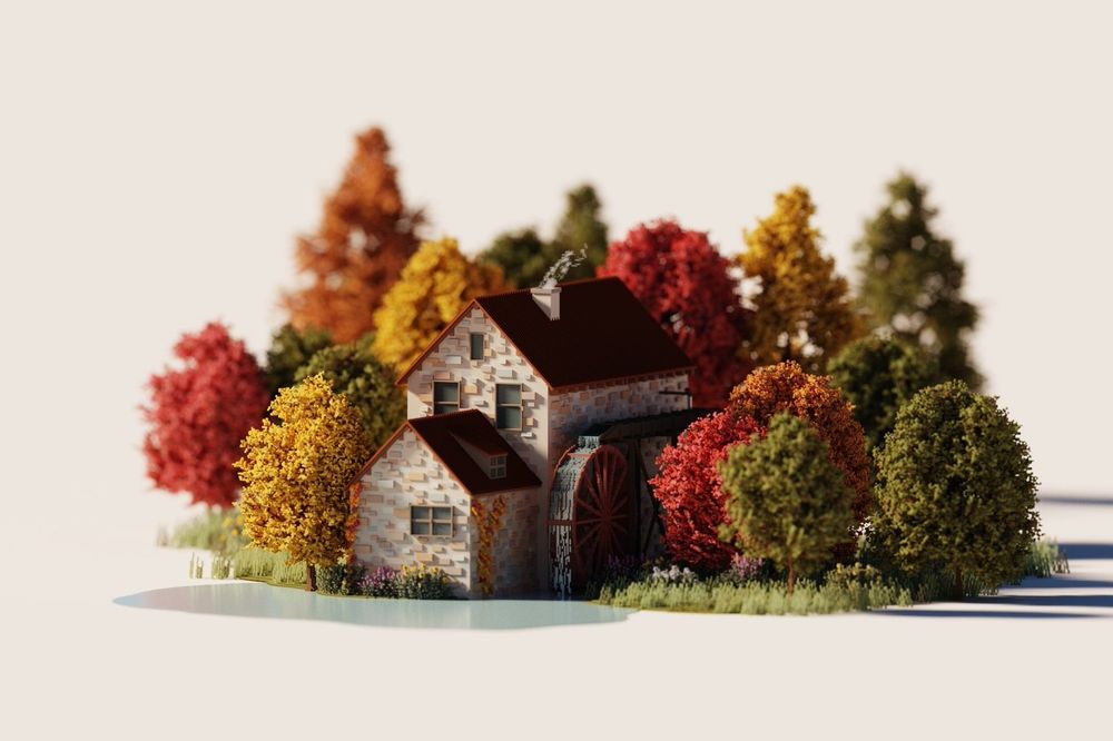 A lush autumn scene with a water mill in the middle 