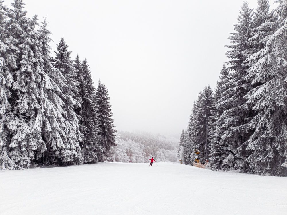A skier in red jacket rides down a landscape 