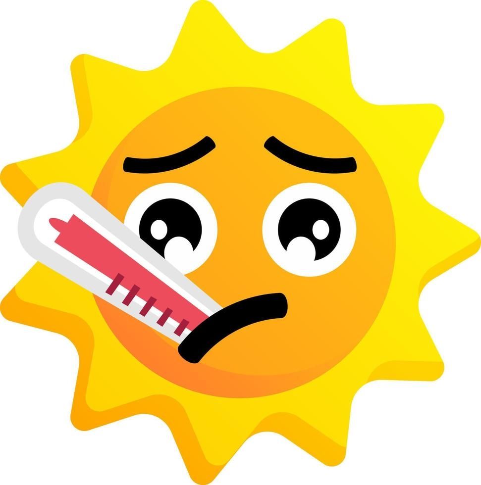 A drawing of the sun with a distressed face and a thermometer in its mouth that is maxed out