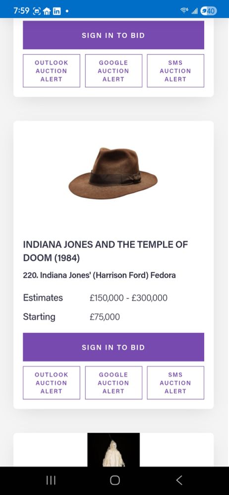 Indiana jones' hat from Indiana and the temple of doom for 75k
