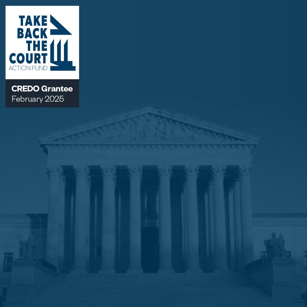 Image of the Supreme Court building in Washington DC with a dark blue filter.  Take Back the Court Action Fund logo in top left.  