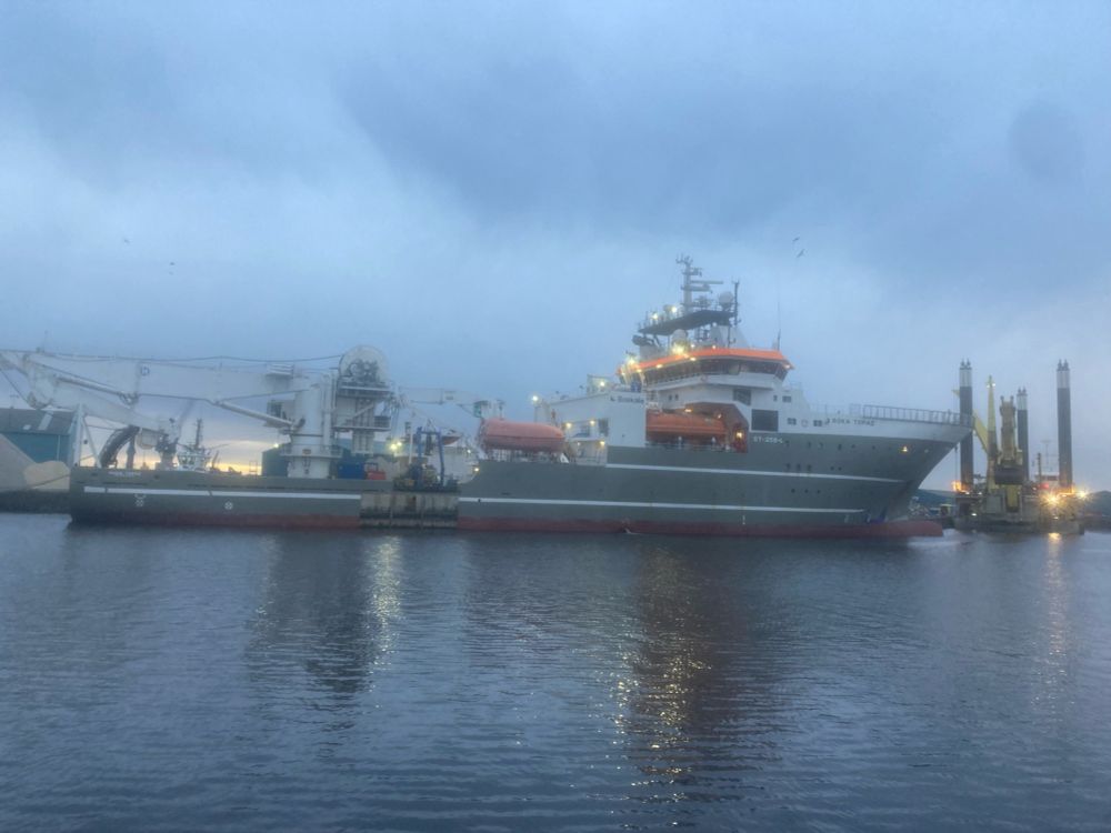 Boka Topaz, another diving support vessel accompanying the Boskalis Magnor, she has a large crane mounted at the stern.