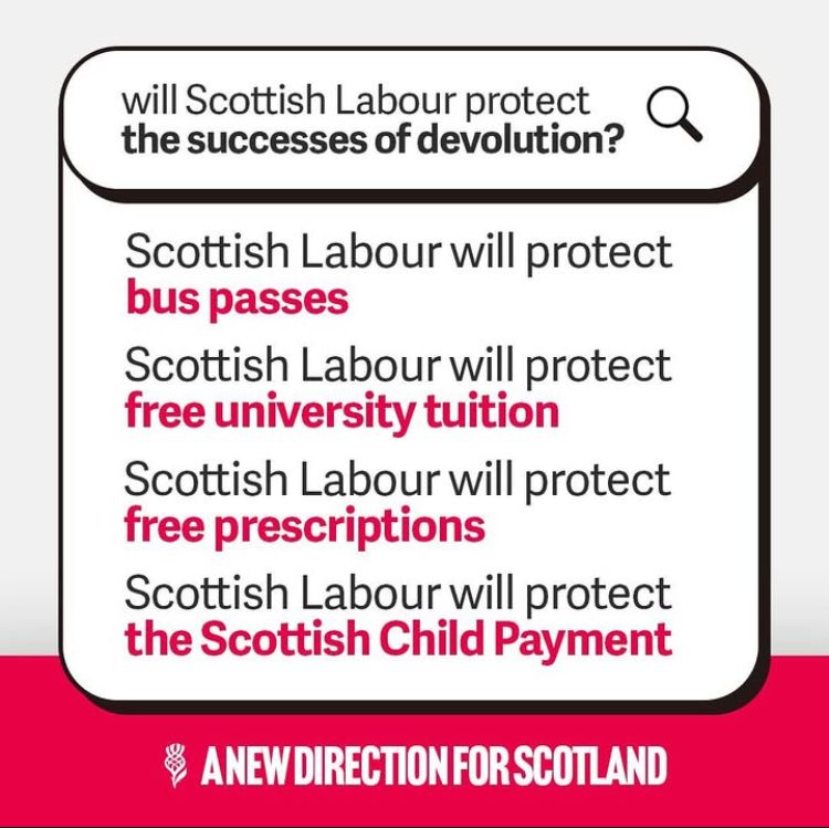 A Scottish Labour post promising to uphold wins from the Greens and SNP which do not exist in England and Wales and which Labour in Westminster has no intention of introducing: free bus passes, free university, free prescriptions and the Scottish child payment. Below is the ironic slogan “a new direction for Scotland”