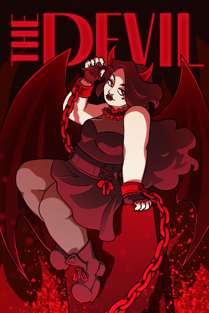 An illustration of a woman with horns and devil wings chained to a plinth. Text reads "The Devil"