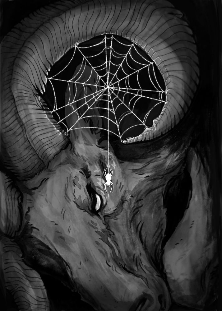 A close up of a ram laying down, a spiderweb filling the curve of the horn. Ink and digital media.
