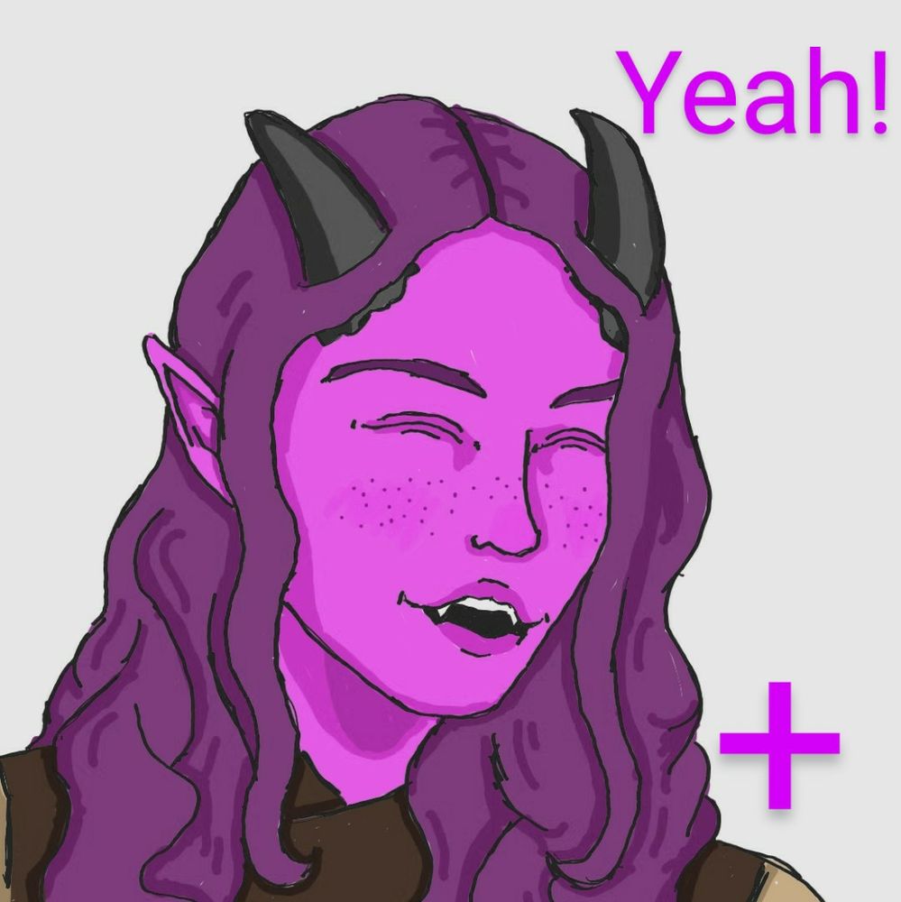A magenta-skinned demon girl with a lighter plum shade of shoulder-length wavy hair, smiling with sharp canines and closed eyes. The photo is a bust frame of her in a brown vest and beige tunic. She has black horns and pointed ears. Pink text reads "Yeah!" and is accompanied by a plus sign.