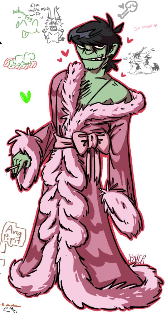 Drawing of Gorillaz's bassist Murdoc Niccals in one of those pink silky bathrobes