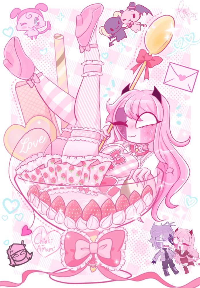 Art of Sarvente from Mid-Fight Masses. Sarvente is sitting a small parfait cup filled with cream, strawberries, and a scoop of Neapolitan ice cream. The parfait also has three types of cookies to side of it. Sarvente is wearing a Lolita-style dress and holding a giant elegant golden spoon. She is winking at the viewer. 