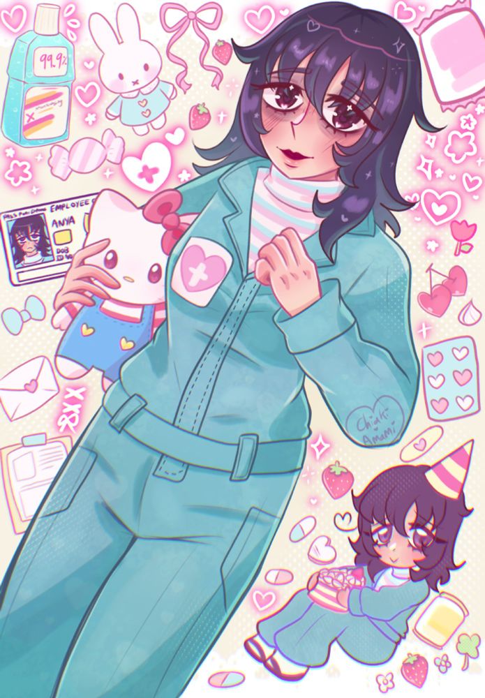 Art of Anya from the game Mouthwashing. She is holding a hello kitty plush in her left arm. She is surrounded by lots of small decorations like Miffy, mouthwash, pills, and food packets from the game. In the bottom right corner, there's a small chibi of Anya wearing a party hat and holding a piece of cake.