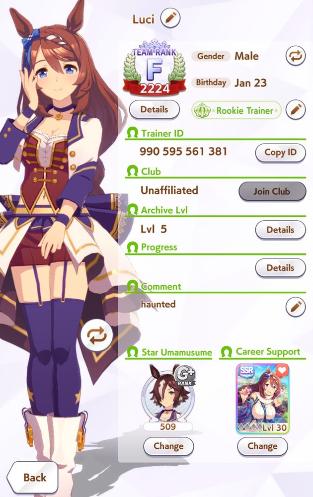 Luci’s uma musume profile.