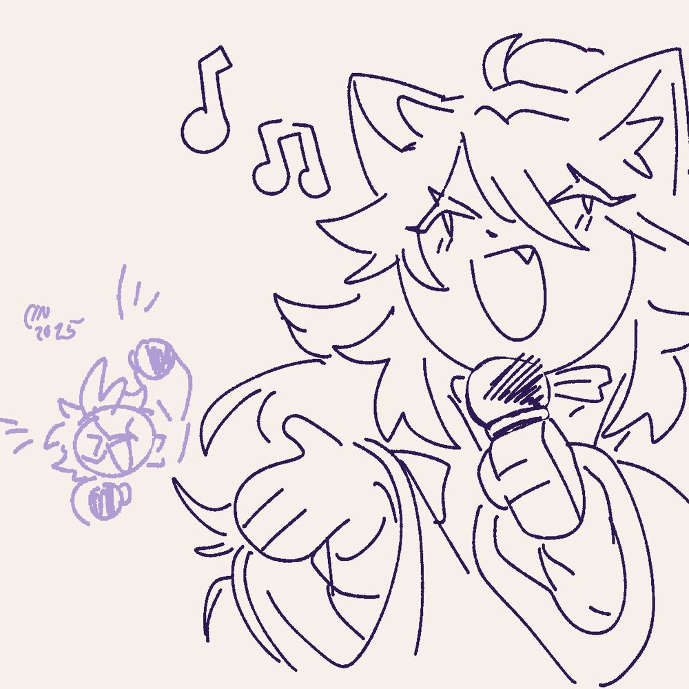 A doodle of Mizumi, a fox girl, singing brightly into a microphone. In the background, Luci cheers her on.