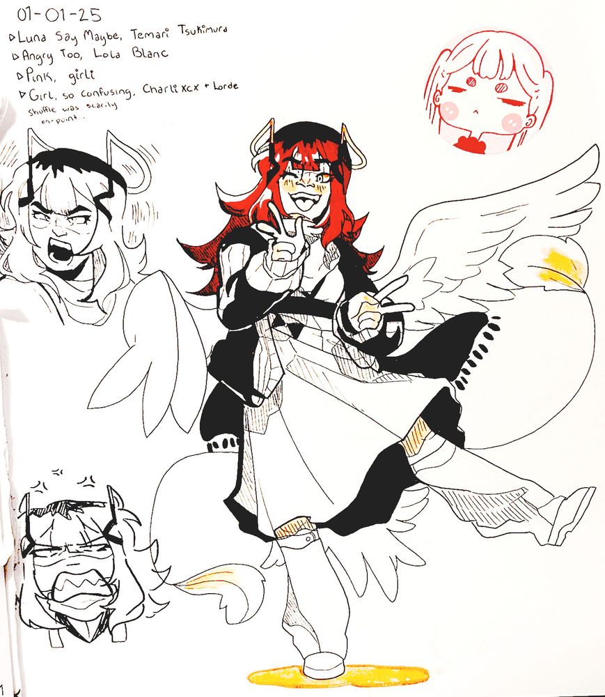 A sketch page of Melli Luxity, rendered in a limited palette of black, white, yellow and red. Alongside her is a list of music that came on shuffle while OP was drawing, with the comment "shuffle was scarily on-point..."