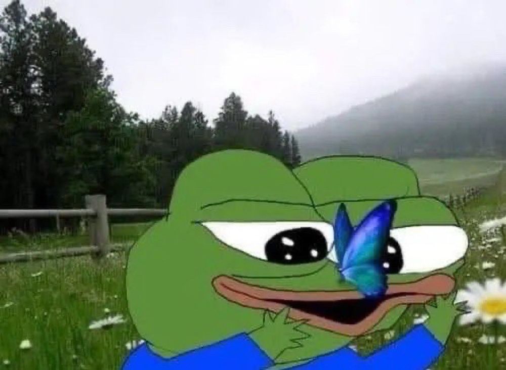 Pepe the Frog dans la nature avec un papillon sur le nez