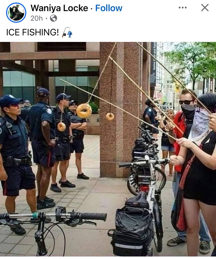 Ice fishing - picture of people fishing with donuts as bait for Ice agents