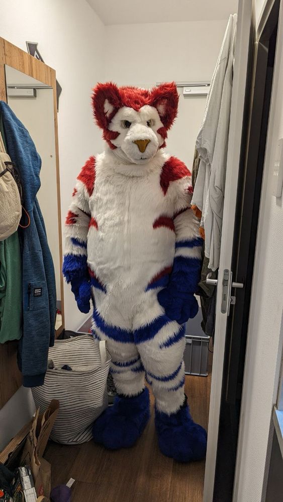 New tiger fursuit in white with blue stripes in lower half and red stripes in upper half facing the camera