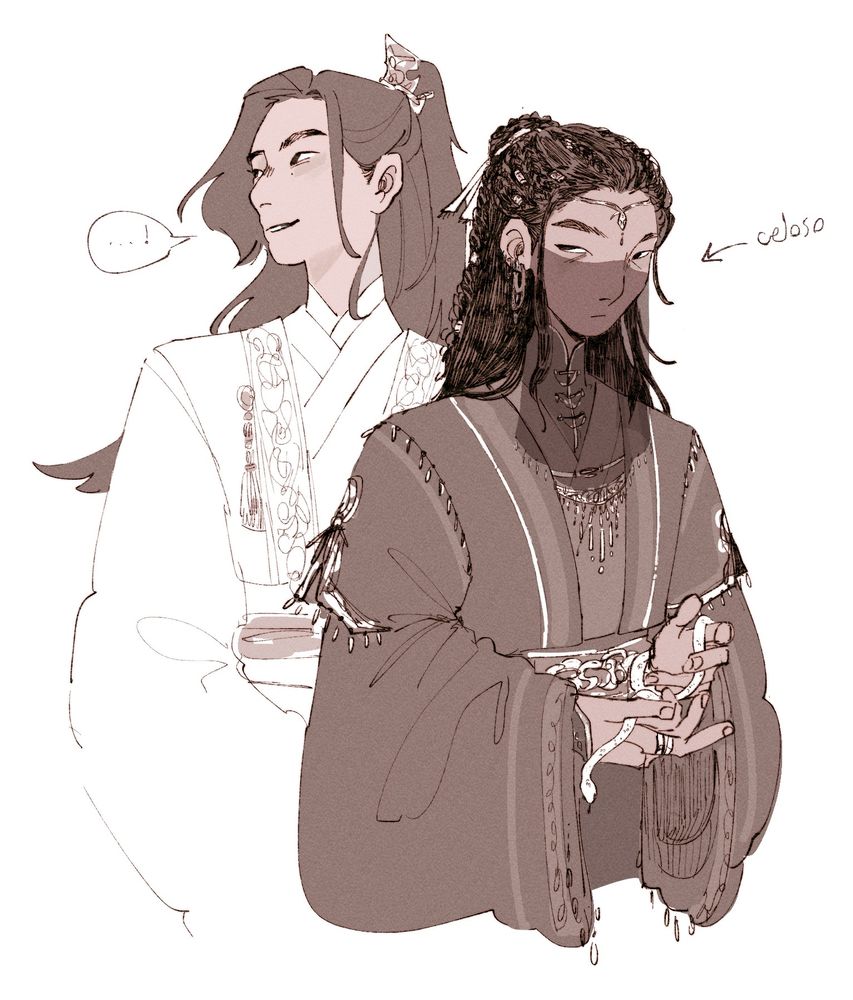 Digital greyscale drawing of Jing Beiyuan and Wu Xi. Beiyuan is cheerily talking to someone off-camera, while Wu Xi glances back towards him, jealous. Wu Xi's snake is curled around his hands.