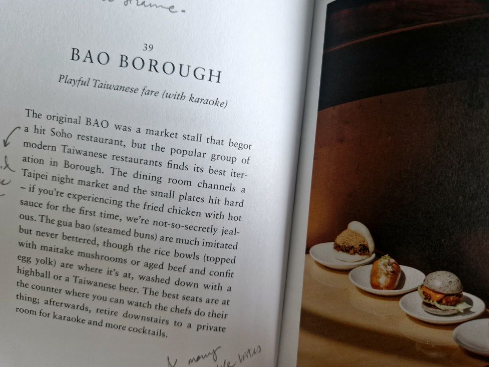 Bao Borough Taiwainese restaurant, one of the places suggested in An Opinionated Guide to London Food by David Paw, with pencil scribbles.
