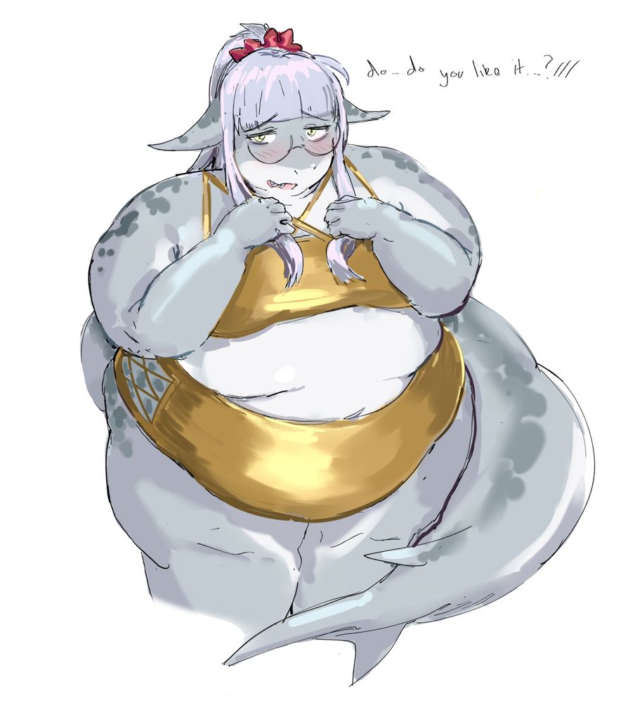 a shark girl with long lilac hair, braces and glasses shyly asks if her girlfriend likes her goldkini