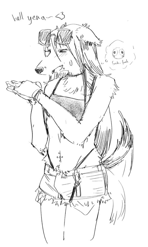 her girlfriend is a slender borzoi, also in a bikini. her hands clasped together tail wagging, responds hell yea~ shes about to have the hardest boner shes ever had