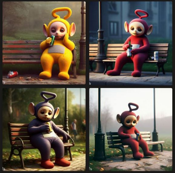 Morose Tellitubbies drinking on park benches (AI image)