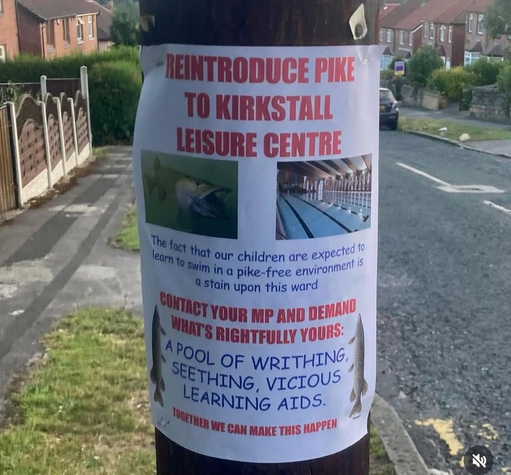Poster on lamppost 

“REINTRODUCE PIKE TO KIRKSTALL LEISURE CENTRE
[photo of a pike]
[photo of a swimming pool, presumably in Kirkstall Leisure Centre]
The fact that our children are expected to learn to swim in a pike-free environment is a stain upon this ward
CONTACT YOUR MP AND DEMAND WHAT’S RIGHTFULLY YOURS:
A POOL OF WRITHING, SEETHING, VICIOUS LEARNING AIDS.
TOGETHER WE CAN MAKE THIS HAPPEN
