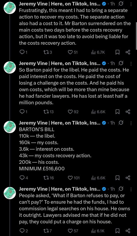 Jeremy Vine | Here, on Tiktok, Ins...
• 1h g
Frustratingly, this meant I had to bring a separate action to recover my costs. The separate action also had a cost to it. Mr Barton surrendered on the main costs two days before the costs recovery action, but it was too late to avoid being liable for the costs recovery action.
t73
© 51
Ill 6.7K
Jeremy Vine | Here, on Tiktok, Ins...
• 1h g
So Barton paid for the libel. He paid the costs. He paid interest on the costs. He paid the cost of losing a challenge on the costs. And he paid his own costs, which will be more than mine because he had fancier lawyers. He has lost at least half a million pounds.
© 92
1hl 6.6K
Jeremy Vine | Here, on Tiktok, Ins...
BARTON'S BILL
110k - the libel.
160k — my costs.
3.6k — interest on costs.
43k — my costs recovery action.
200k — his costs.
MINIMUM £516,600
4
1216
© 101
1hl 6.6K
• 1h
贝
∞
Jeremy Vine | Here, on Tiktok, Ins...
9.1h g
People asked, 'What if Barton refuses to pay, or can't pay?' To ensure he had the funds, I had to commission legal searches on his house. He owns it outright. Lawyers advised me that if he did not pay, they could put a charge on his house.
セし7
© 57
1hl 6.1K
