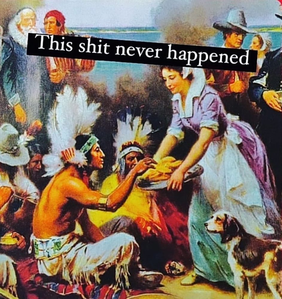 Old illustration of pilgrim woman serving food to Native people who are on the ground while other pilgrims stand around .