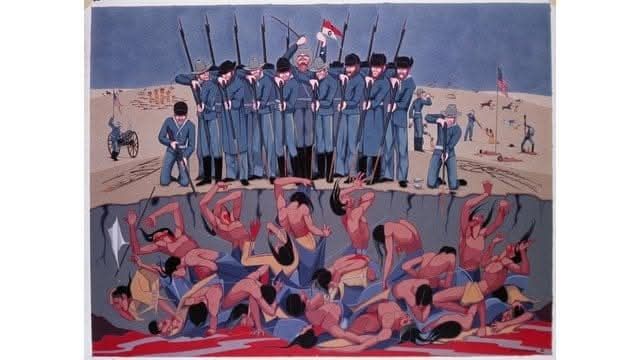 Art by Oscar Howe. US Cavalry soldiers with guns stand over a pit that many Native people's bodies are falling into. 