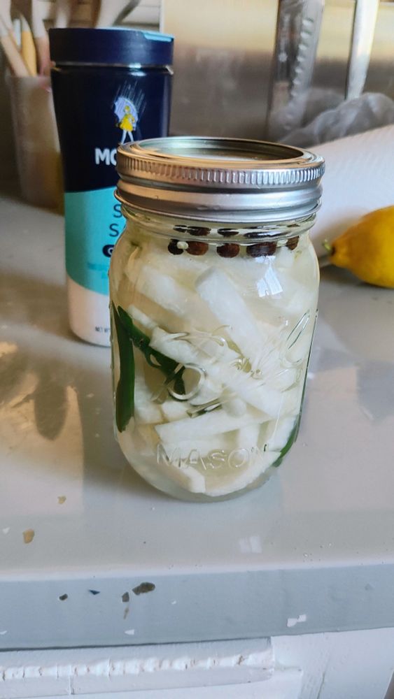 A jar of pickled jicama sticks, with a couple thai chilies and allspice berries.