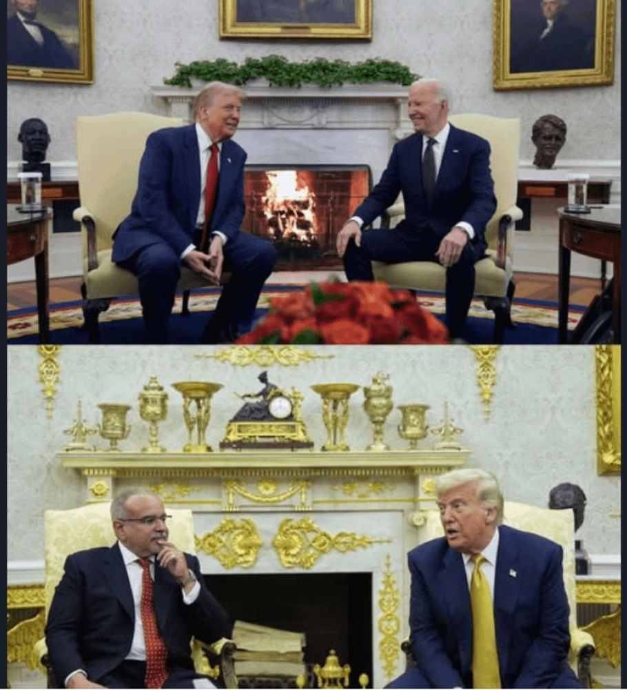 The Oval Office in the white house, top photo when Biden was in office, and bottom photo with Trump in office. Top photo is simple, classy, refined. Bottom photo is spray painted gold gaudy ornate decor. 