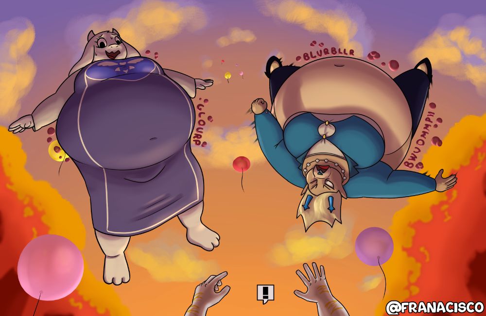 Picture is set in an autumn evening, with the trees full of yellow/orange leaves and the setting sun. 

At the center, Toriel Dreemurr and Carol Holiday are depicted bloated and swollen, having trouble moving as they helplessly float upwards into the sky.

Balloons can be seen rising from the bottom of the picture towards the same destination as the ballooned up women. The surprised hands of Asgore peek out from under the border as he just narrowly missed grabbing the helpless monsters. 