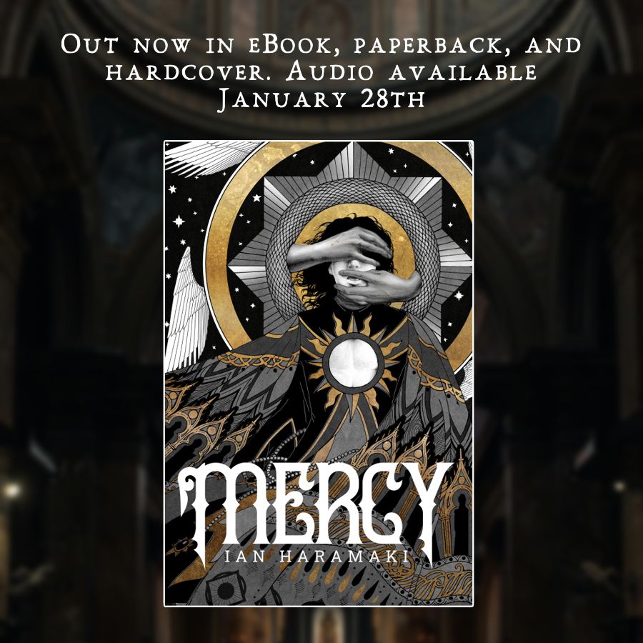 Mercy's cover with text above it. Out now in eBook, paperback, and hardcover. Audio available Janaury 28th.