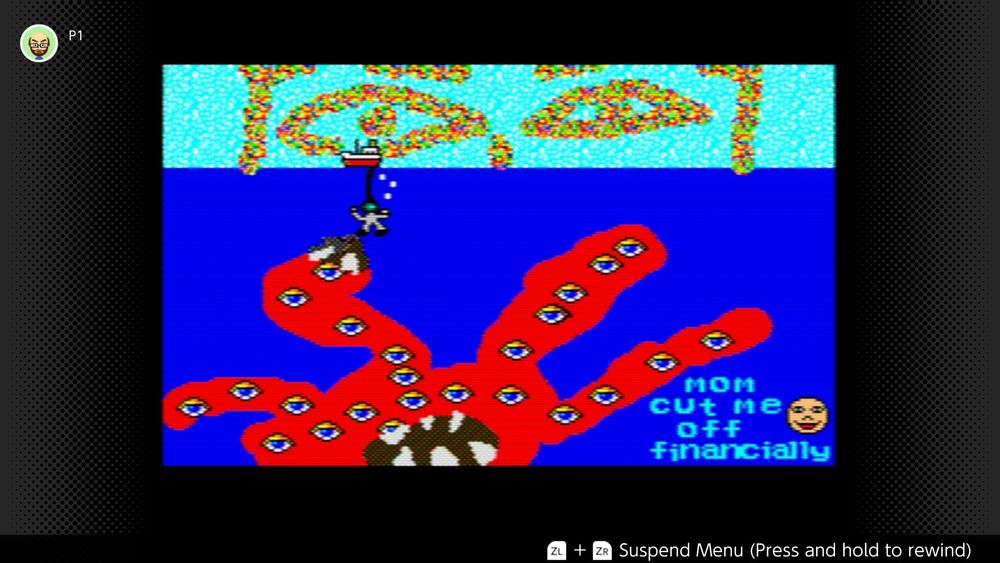 Mario paint picture of a sea monster attacking a small boat and diver and in the corner it says “mom cut me off financially”