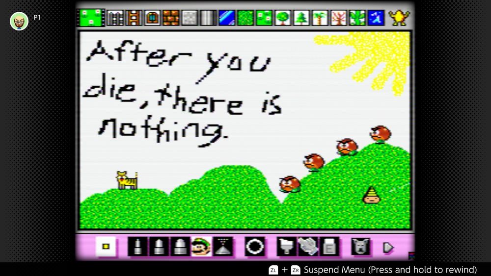 A Mario paint landscape with enemies and a cat walking on hills with the words “after you die there is nothing” written above it