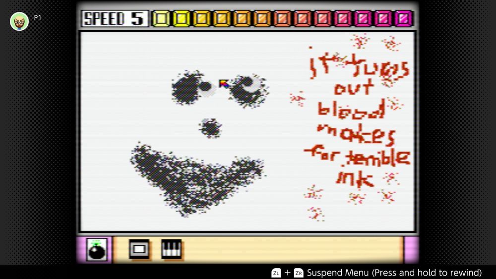 A hollow face with Google eyes and the words “it turns out blood makes for terrible ink”
