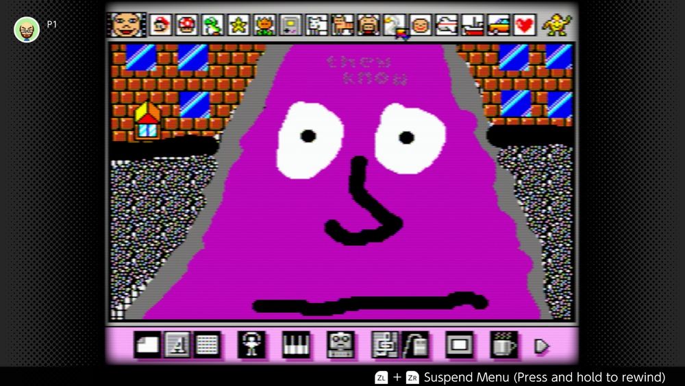 A Mario paint picture of a purple man, looking troubled, with the words “they know” on his forehead 