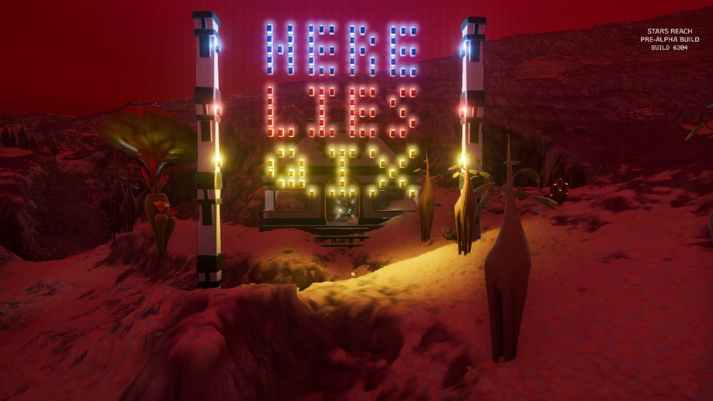 A memorial building with a lighted sign that says Here lie's Qix