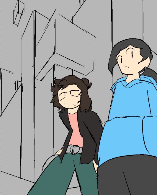 In-progress drawing of a guy in a blue hoodie and a gal in a leather jacket with scruffy brown hair. The background is uncolored, sketches of forms in 2-point perspective.