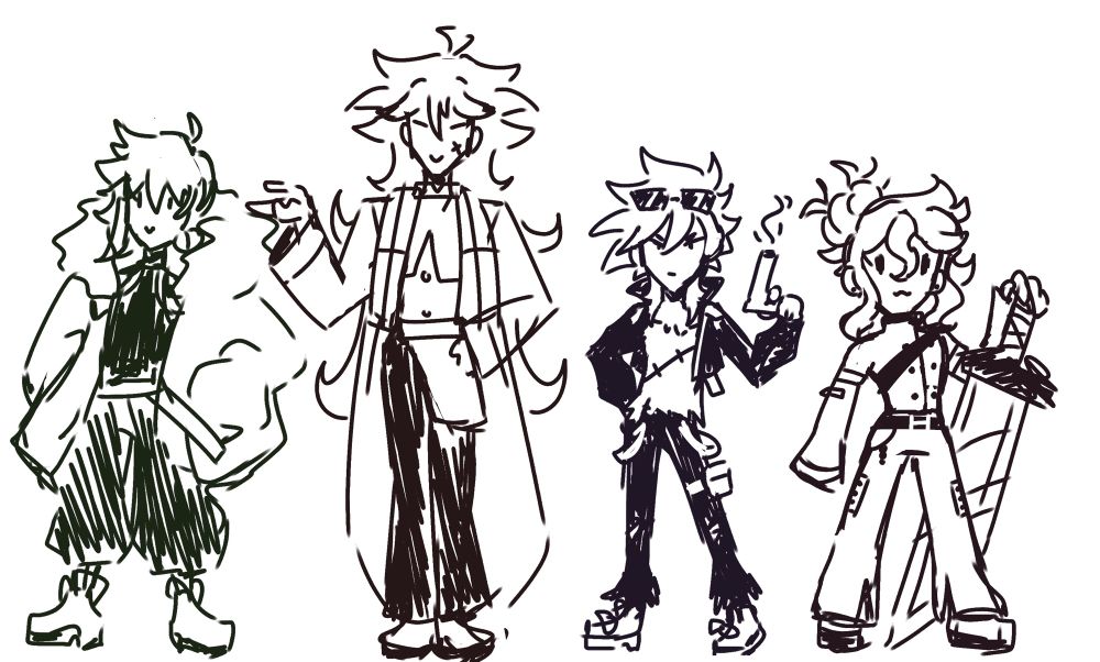 sketchy lineup of 4 characters, first is a male in a baggy coat and pants, second is a tall male with priest-like clothing, third is a short male in a cropped jacket with sunglasses and a gun in hand, and the fourth is a short girl with her hair in a high messy bun with a big sword