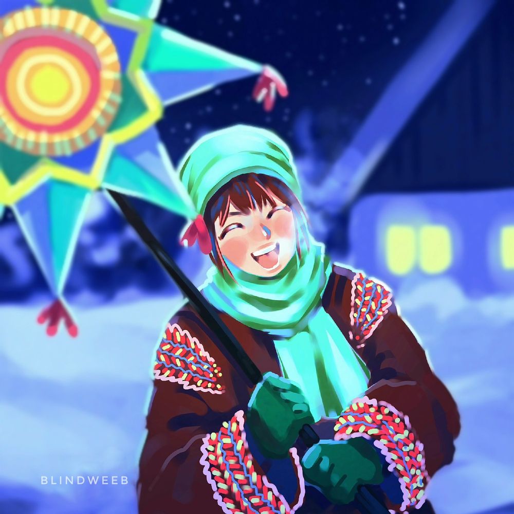 Art of ukrainian anime girl with kolyada's star in hands 